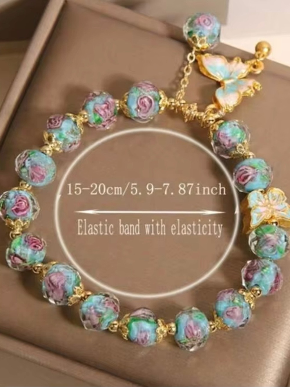 NWOT Gold Butterfly Charm Bracelet with Blue-Green Floral Beads - Picture 4 of 4
